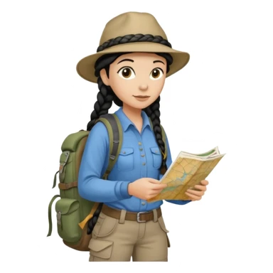 A braid black hair backpacking woman checking her map with curious eyes while walking with camping hat and dirt covered bootsfull body sticker