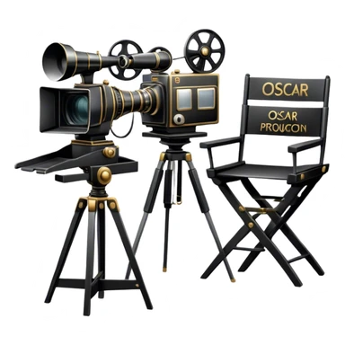 Professional icon for Directing: a film camera, an Oscar statuette and a script with a director's chair in the background. The icon should convey the prestige and creativity of directing in film, with focus on awards and film production. Transparent background. sticker
