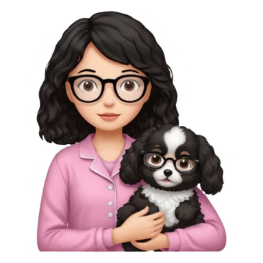 soft wavy black haired girl wearing black framed glasses in a pink pjs while holding her fluffy dog sticker