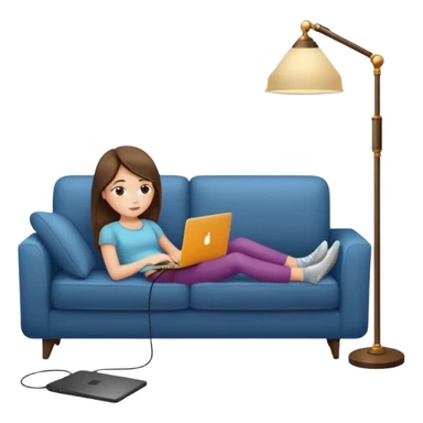 A girl is working with a laptop while lying on a sofa, with a floor lamp to the right. sticker