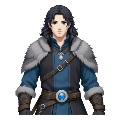 Medieval winter outfit worn by a DnD themed fantasy male character. Heavy charcoal gray wool tunic with black wolf fur lining, embellished with etched silver buttons and a sturdy leather belt with decorative metalwork. Clothes only above the waist, full waist coverage. The character has no arms. Character is white-skinned with jet black hair, steel blue eyes, and shoulder-length wavy hair with snow-kissed strands. sticker