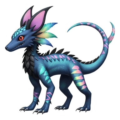 Rare realistic tribal patterned whitish pastel colorful iridescent shiny glossy feathery epic handsome gorgeous aesthetic black-skulled Vernid-Trico-Sergal-Salandit-Nargacuga-species-Fakemon-creature by LiLaiRa, 4 legs, 1 tail, random markings, (full body) long ears sticker