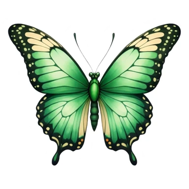 A majestic emerald-green butterfly with wide, intricately detailed wings, painted in a soft watercolor style. The edges of the wings fade into deep black, creating a striking contrast against a warm beige background.
 sticker