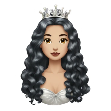 Regal pretty lady cheekbones crown vintage with very long iridescent black and silver hair wavy black hair pearl crown iridescent sticker