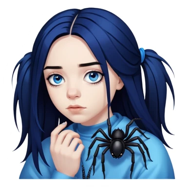 billie eilish, blue eyes, long black hair, dark eyeliner makeup, holding blue spider sticker