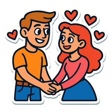 Sticker of Sasha and Yulia, two young lovers, in a vibrant toon style. They are holding hands and smiling at each other, with hearts floating around them. sticker
