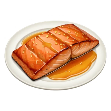 create a Honey Glazed Salmon

Camera angle: slightly elevated top-down view with a gentle bird’s-eye perspective (about 15–20°), identical perspective and scaled do not add anything  on plate  sticker