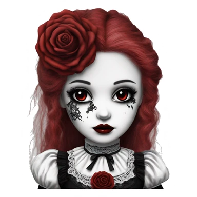 porcelain doll with a cracked face, goth makeup, long hair, lace and ruffles, lolita style, inked, black and white, red roses sticker