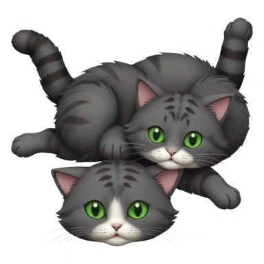 solid dark grey cat with green eyes, completely solid grey face, white toes/paws playing rolling upside down sticker