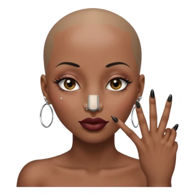 Grown black (proud) woman, bald with a perfect head, a prominent nose with a septum piercing, many piercings on her ears, a gap between her front teeth and very long nails (cynthia erivo) a proud lesbian, with long lashes and her finger tapping her head sticker