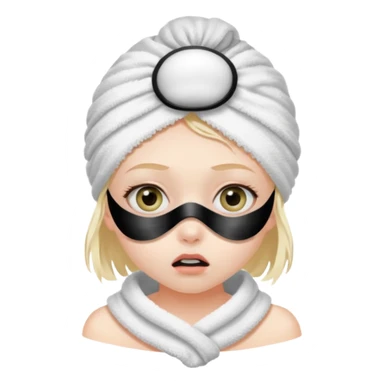 scared girl with bath towels and eye mask sticker
