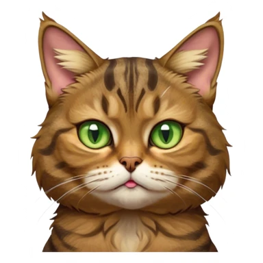 Cinematic Meme-Worthy Grumpy Brown Tabby Cat Portrait Emoji, Head held high but eyes filled with dramatic disappointment, fluffy brown fur with striking tabby markings, signature M-shaped forehead furrowed into an unmistakable scowl, large ears slightly angled back in disapproval, piercing golden-green eyes glaring with pure exasperation, Simplified yet hilariously over-exaggerated features, highly detailed, glowing with an aura of supreme annoyance, high shine, exhausted yet judgmental, stylized with an almost regal pettiness, bright but brooding, soft glowing outline, capturing the essence of a feline that has seen it all and is thoroughly unimpressed, so meme-worthy it feels like it could instantly become the next viral sensation of grumpiness! sticker