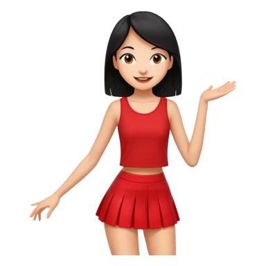 Chicas esbelta con falda corta negra y top rojo,pelo semi largo negro y lacio  super feliz,pero bailando sticker