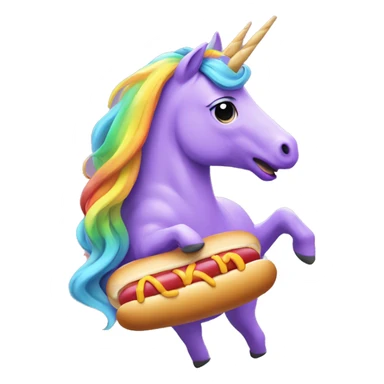 Purple unicorn with long blond hair on rainbow eating a hot dog sticker