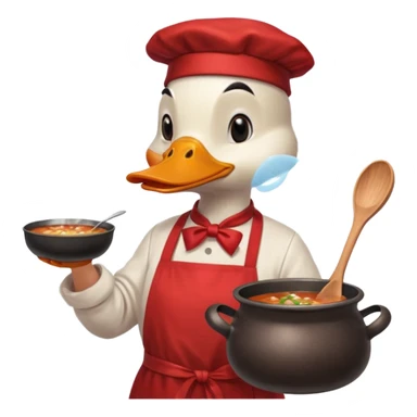 A duck wearing red apron stirring soup in a small pot, looking very focused. sticker