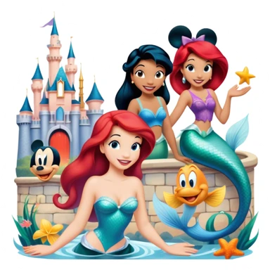A vibrant collage featuring iconic characters like one Goofy, one Mickey Mouse, one Ariel the Little Mermaid, one Jasmine and one Franco. Each character should be large and bright, set against a cheerful and playful background with Disneyland. Transparent background. sticker