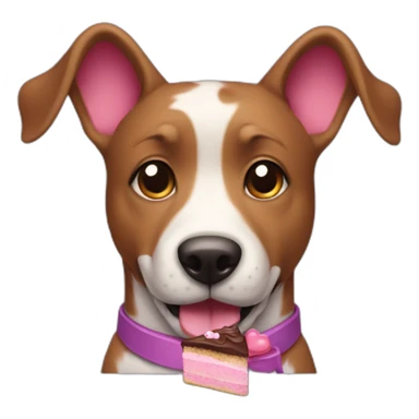 a purple dog with a brown nose and a pink collar with a bone eat cake sticker