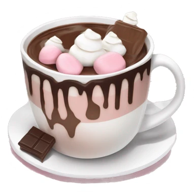 hot chocolate with mug and whip cream and chocolate drizzle and pale pink strawberry and marshmellows sticker