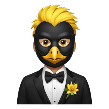 A man facing forward wearing a tuxedo with a mask depicting a yellow canary. sticker