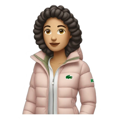 latina woman using Lacoste puffer jacket sticker