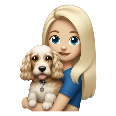 straight blonde hair and dark blue eyed girl holding a white and brown cockapoo dog sticker