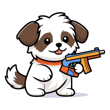Havanese dog with a toy gun sticker