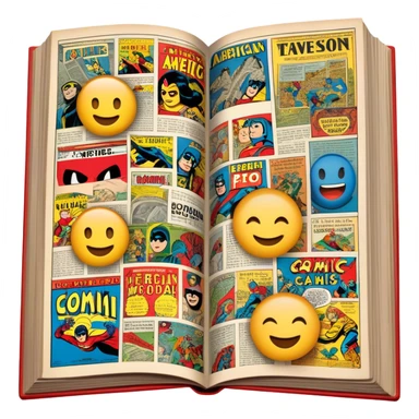 detailed and vintage-inspired emoji representing comic magazines and graphic novels as a storytelling art form. a large, open comic book with pages filled with classic American comic book panels. classic feel of old-school comic books a graphic novel. background transparent sticker