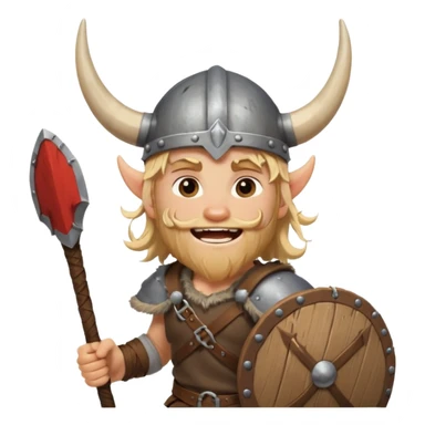 A young Viking warrior with messy blond hair, wooden shield, and fierce excited grin with horned helmet sticker