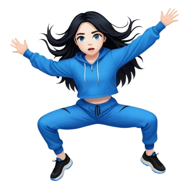 billie eilish with black long hair, blue eyes with dark eyeliner makeup, jumping sticker
