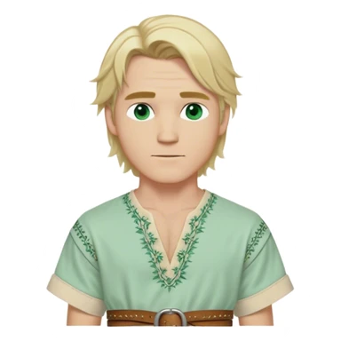 Medieval summer outfit worn by a DnD themed fantasy male character. Light cotton tunic in natural cream color with short sleeves, embroidered with simple floral patterns at the hem, paired with a thin leather belt. Clothes only above the waist, full waist coverage. The character has no arms. Character is white-skinned with sun-bleached blonde hair in shoulder-length layers, partially tied back with a leather cord, sea-green eyes, and defined cheekbones. sticker