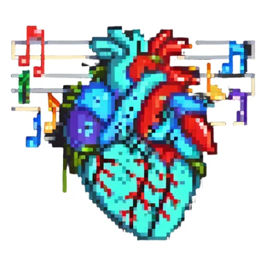 cute anatomical heart singing joyfully, with music symbols, pixel art sticker