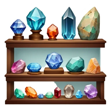 Icon for Mineral, Stone & Fossil Collecting: a display of various colorful minerals, gemstones, and fossils, arranged neatly on a table or shelf. The icon should reflect the beauty and scientific interest of collecting natural specimens. Transparent background. sticker