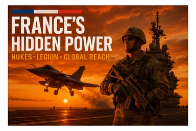 dramatic dusk shot of Rafale jet launching from Charles de Gaulle carrier with an orange sunset glow, foreground featuring a Foreign Legionnaire in desert camouflage holding a futuristic rifle, bold tricolor text 'FRANCE’S HIDDEN POWER' with subtext 'Nukes • Legion • Global Reach', epic composition, cinematic, 8K resolution sticker