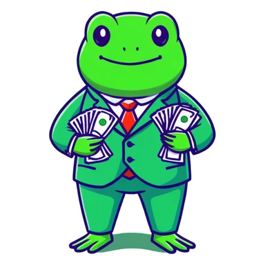 frog character in a fancy green suit holding money sticker