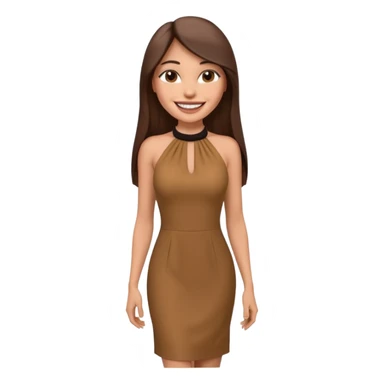 emoji-style illustration of a stylish pretty big smile woman with long straight brown hair, wearing a dark halter neck dress, elegant and chic slayed look, front-facing, soft 3D cartoon rendering, plain background sticker