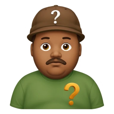 fat man with brown cap and green t shirt printeed a question mark sticker