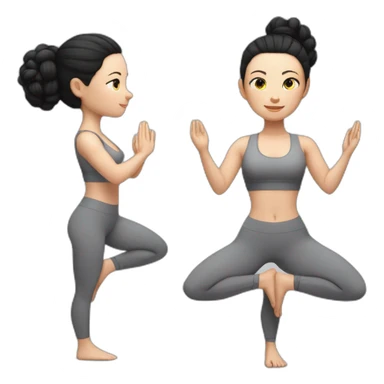 Pale skinned fit woman In a gray tight yoga suit and wristbands With black hair in a bun doing yoga sticker