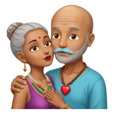 A man in his 60s balding with a grey beard passionately kissing the vagina  of an Indian woman in her 40s wearing a beads chain with here cleavage visible and embracing the man sticker