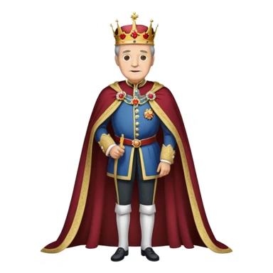 Full body of elderly, thin Carlos I of Spain with brown hair, Habsburg king standing in royal attire with crown, cape, and prominent jaw sticker
