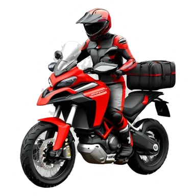 Moto todoterreno Ducati multistrada enduro roja y negra con bolsas laterales y manchas de barro en el depósito y las ruedas. Piloto con casco gris sin barba. sticker