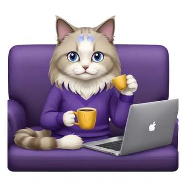 a cute blue eyed brown and white ragdoll cat with white paws and brown and beige tail wearing the dark violet sweater with yellow letteting "Milena" sitting on a grey sofa with grey laptop branded lettering "Lenovo", it` not brand Apple - only Lenovo and drinking coffee sticker