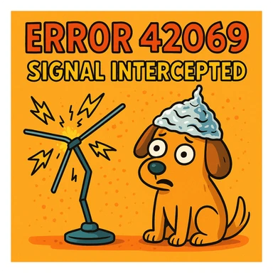 comical error screen labeled 'Error 42069' and 'Signal Intercepted', with a dog wearing a tinfoil hat next to a broken antenna, whimsical style sticker