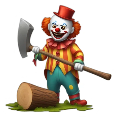 a scary clown chopping wood with a sharp hatchet sticker