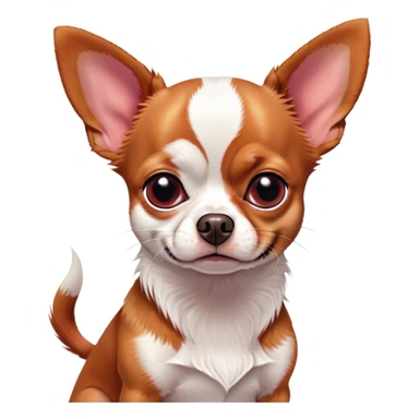 Cinematic Grumpy Red/White Short Haired Chihuahua Portrait Emoji, Head tilted slightly with a deeply unimpressed expression, thick red and white fur with bold patches, large, droopy dark eyes narrowed into an unamused glare, ears slightly drooping in exasperation, Simplified yet comically expressive features, highly detailed, glowing with a dry, sarcastic glow, high shine, effortlessly judgmental yet dignified, stylized with a touch of cynicism, bright but brooding, soft glowing outline, capturing the essence of an eternally unimpressed yet endearing pup, so lifelike it feels like it could sigh heavily at you in disdain at any moment! sticker