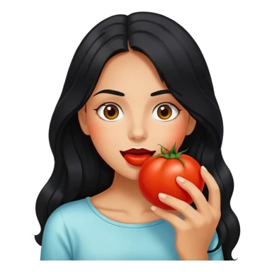Pretty tanned girl with long black hair, eating tomatoes sticker