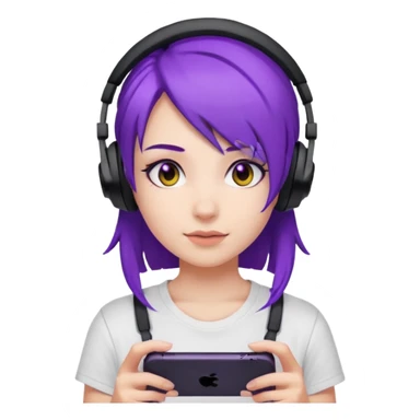 Gamer Girl with black Headset + Purple Hair, white T-shirt sticker