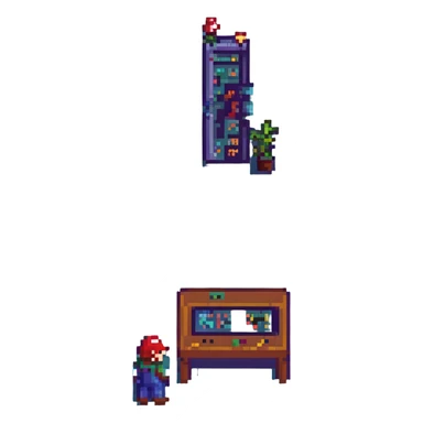 Mario Bros playing Tetris on a console, retro pixel art style sticker