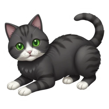 solid dark grey cat with green eyes, white toes/paws and white patch on her chest playfully rolling upside down sticker
