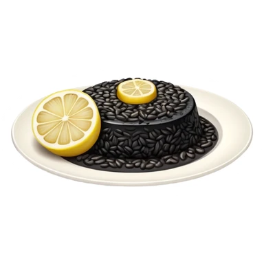 cinematic-realistic-black-risotto-dish,-showcasing-dramatic-lighting in a white plate with a single slice of grilled lemon on top sticker