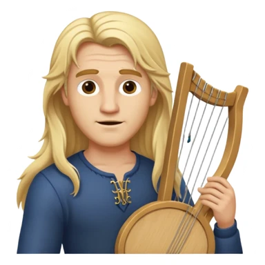 Man with long blonde hair aloof holding a lyre sticker